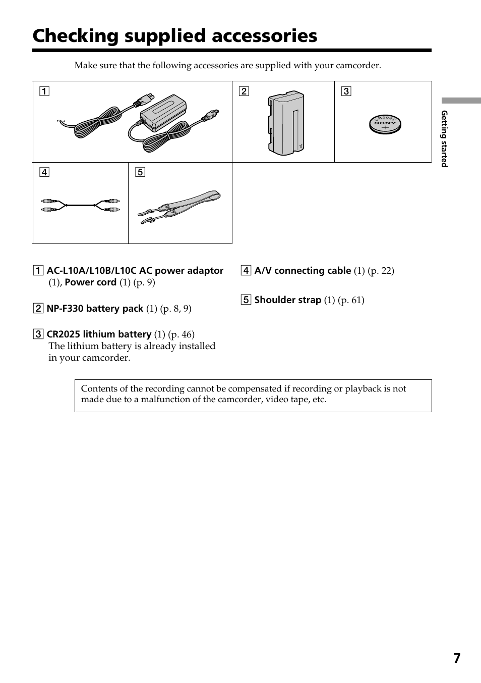 Checking supplied accessories | Sony CCD-TR517WR User Manual | Page 7 / 68