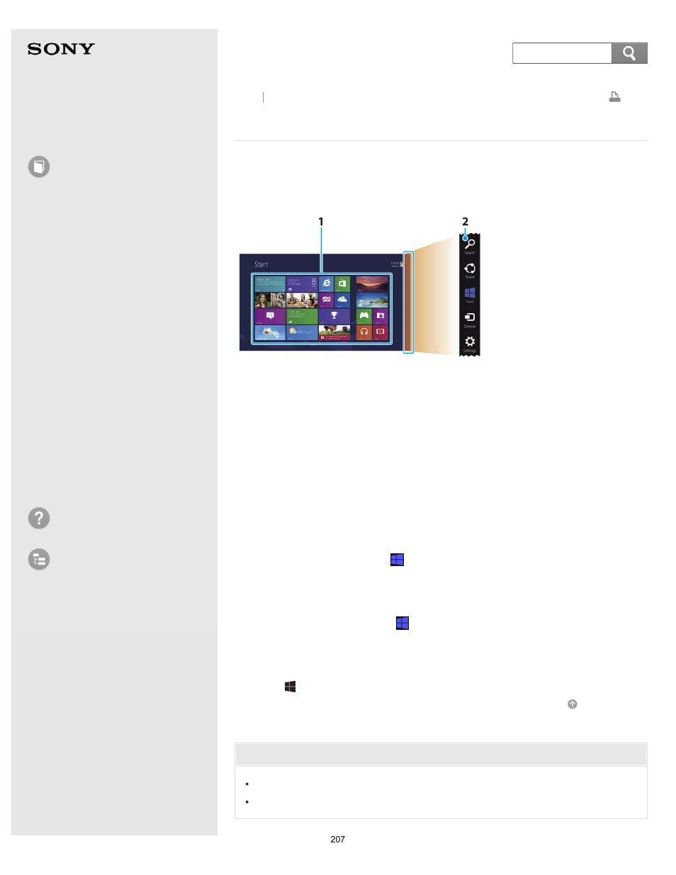 About the start screen and menu, About the start, Screen and menu | User guide, How to use, Troubleshooting list of topics, E series | Sony SVE14A390X User Manual | Page 207 / 458