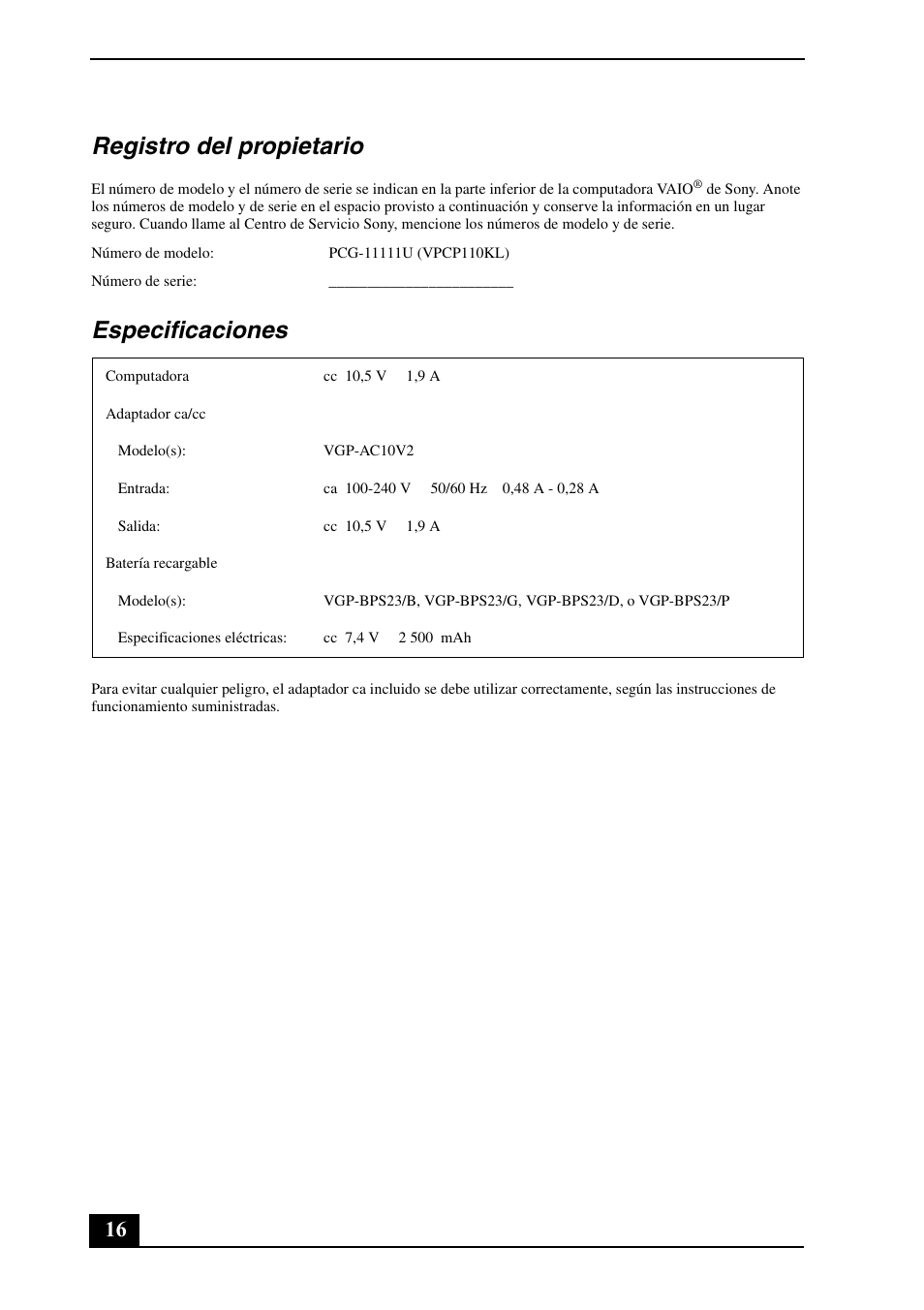 Registro del propietario, Especificaciones | Sony VPCP112KX User Manual | Page 16 / 28