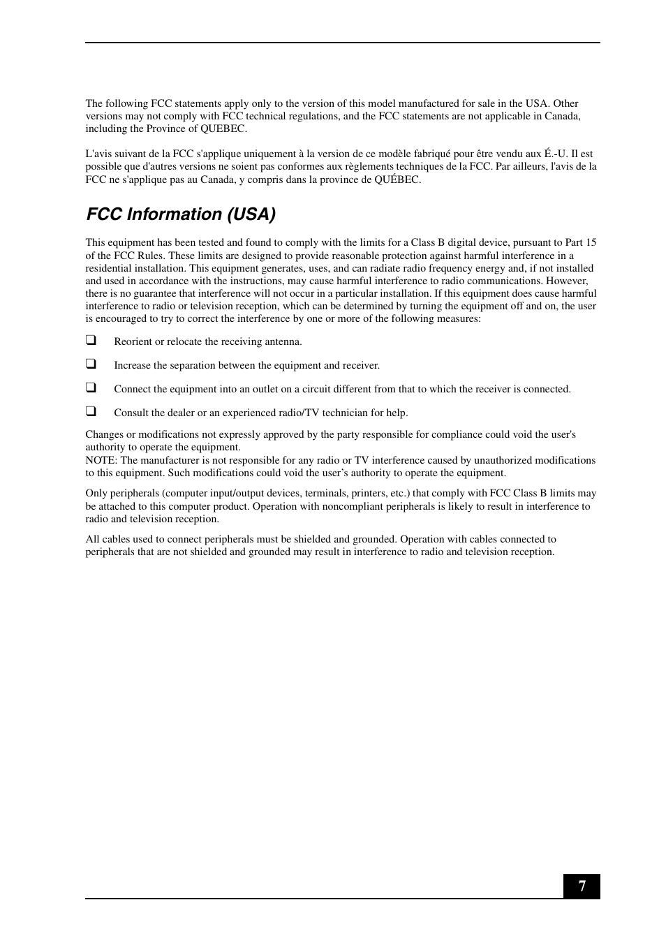 Fcc information (usa) | Sony VPCP112KX User Manual | Page 7 / 28