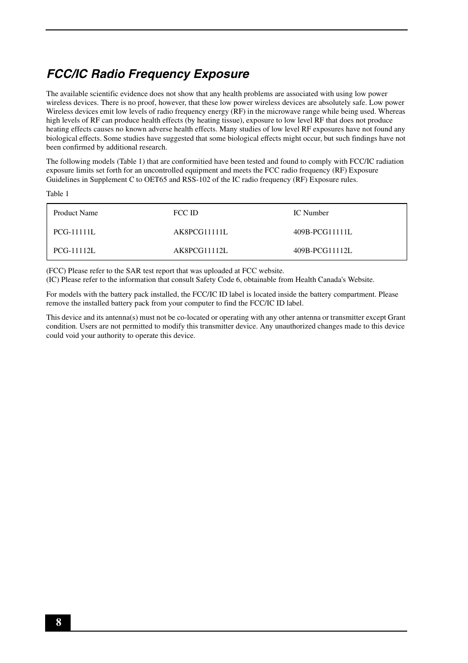 Fcc/ic radio frequency exposure | Sony VPCP112KX User Manual | Page 8 / 28