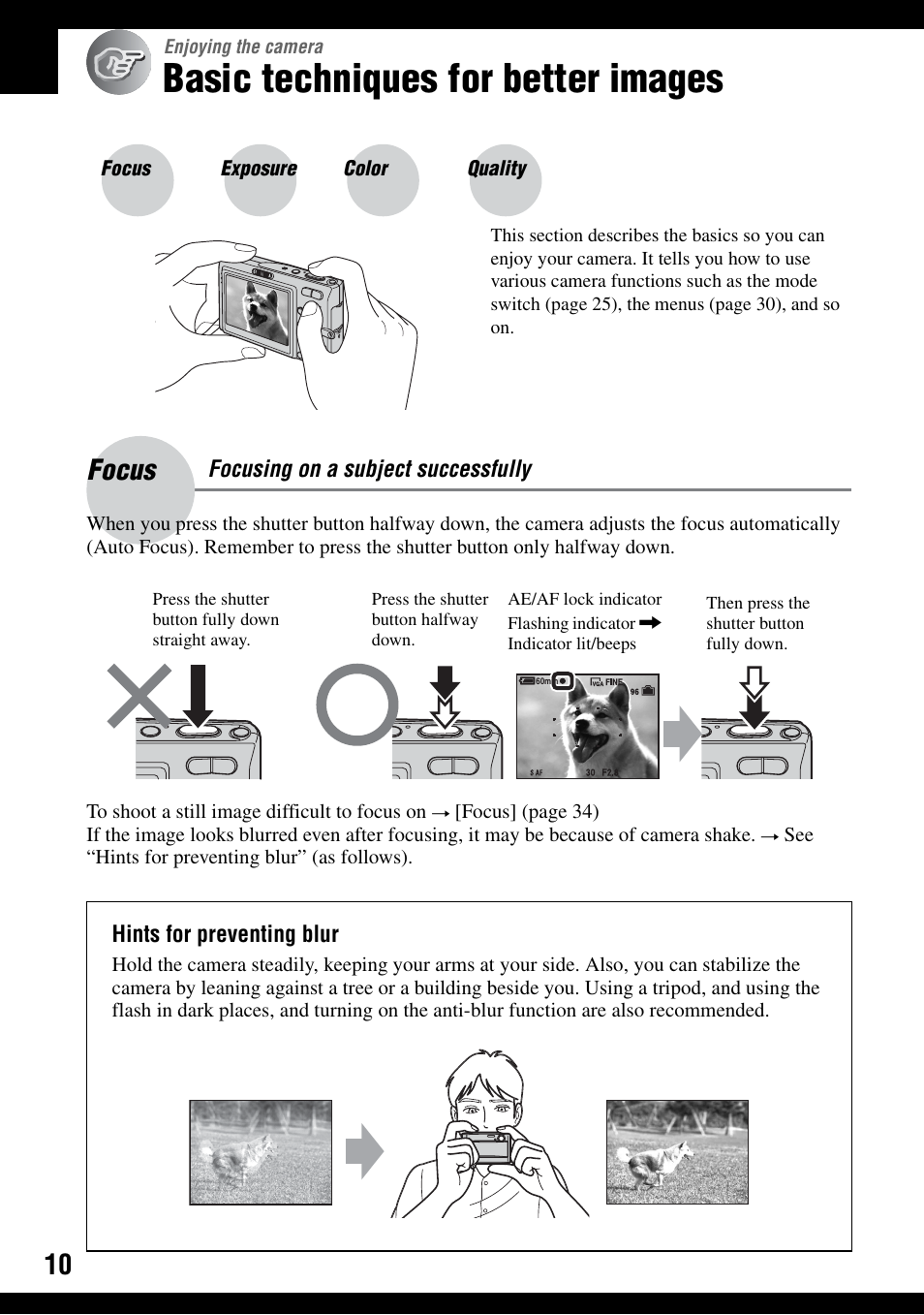 Enjoying the camera, Basic techniques for better images, Focus – focusing on a subject successfully | Focus | Sony DSC-T9 User Manual | Page 10 / 111