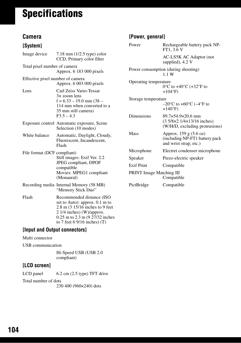 Specifications, Camera | Sony DSC-T9 User Manual | Page 104 / 111