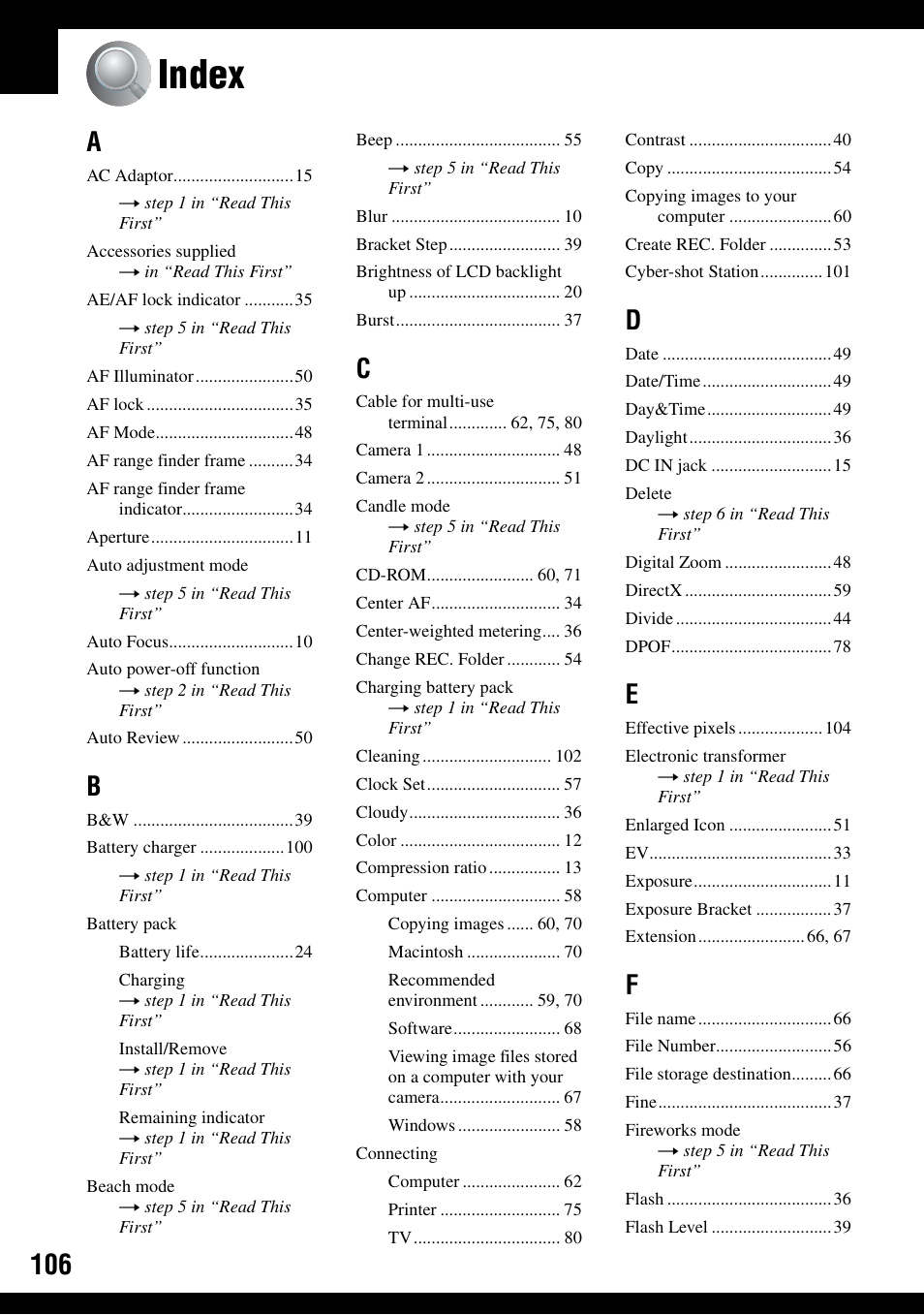 Index | Sony DSC-T9 User Manual | Page 106 / 111