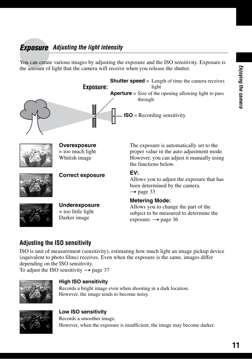 Exposure – adjusting the light intensity, Exposure | Sony DSC-T9 User Manual | Page 11 / 111