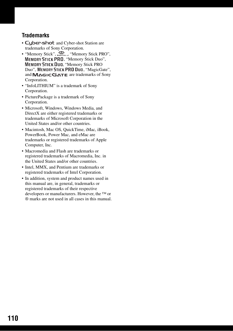 Trademarks | Sony DSC-T9 User Manual | Page 110 / 111