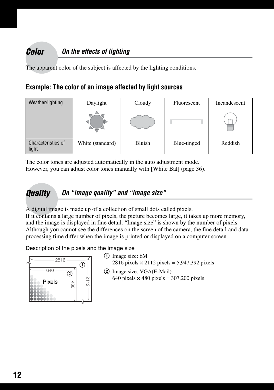 Color, Quality | Sony DSC-T9 User Manual | Page 12 / 111