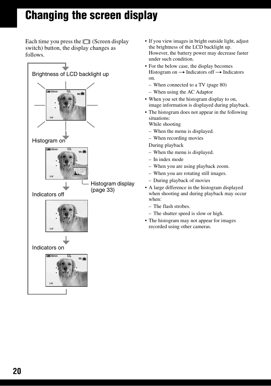 Changing the screen display, N (20) | Sony DSC-T9 User Manual | Page 20 / 111