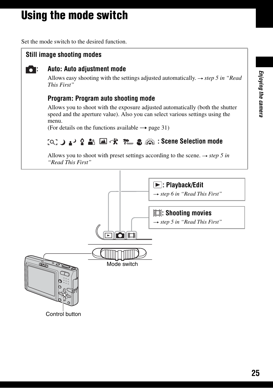 Using the mode switch | Sony DSC-T9 User Manual | Page 25 / 111