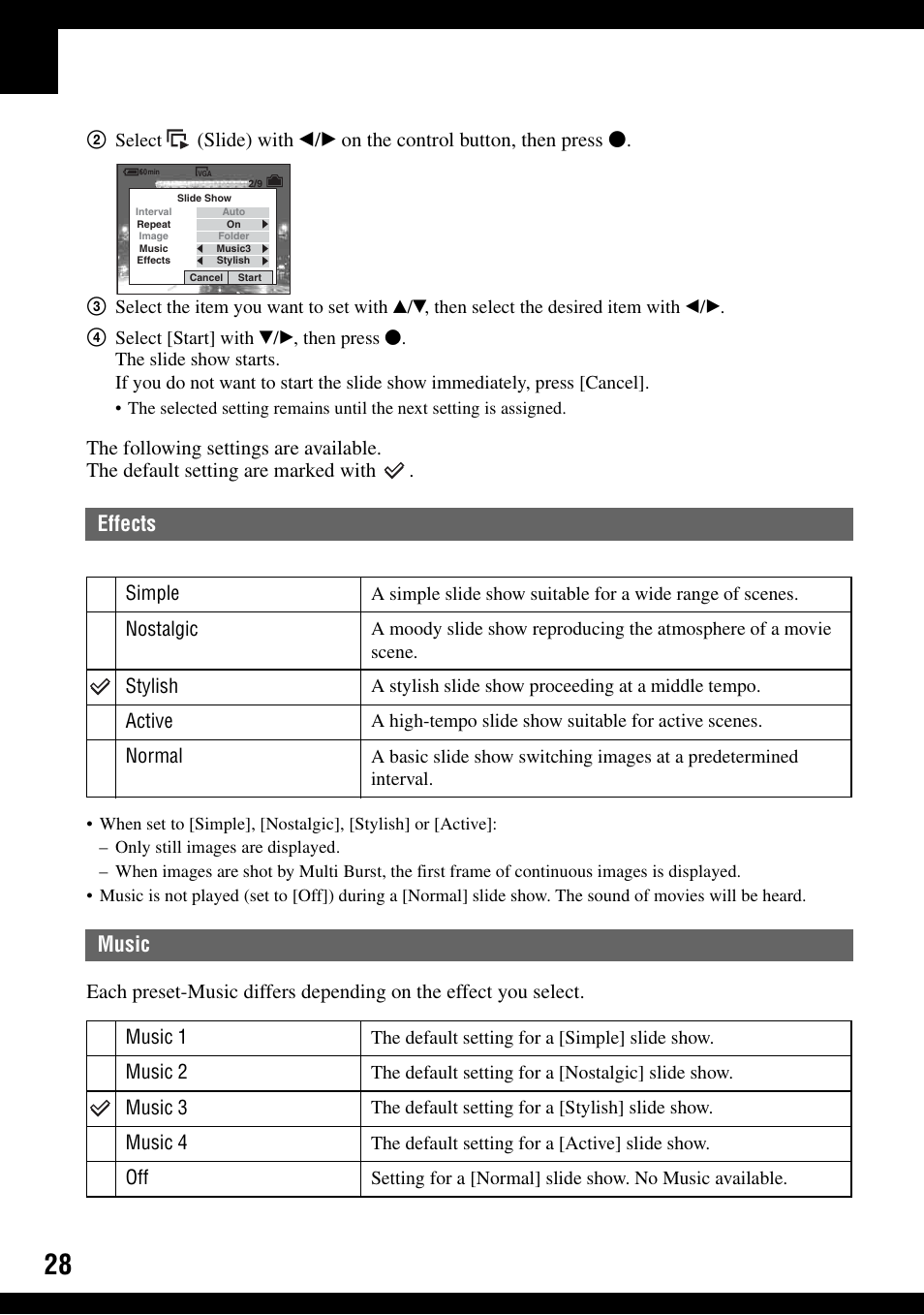 Effects, Music | Sony DSC-T9 User Manual | Page 28 / 111