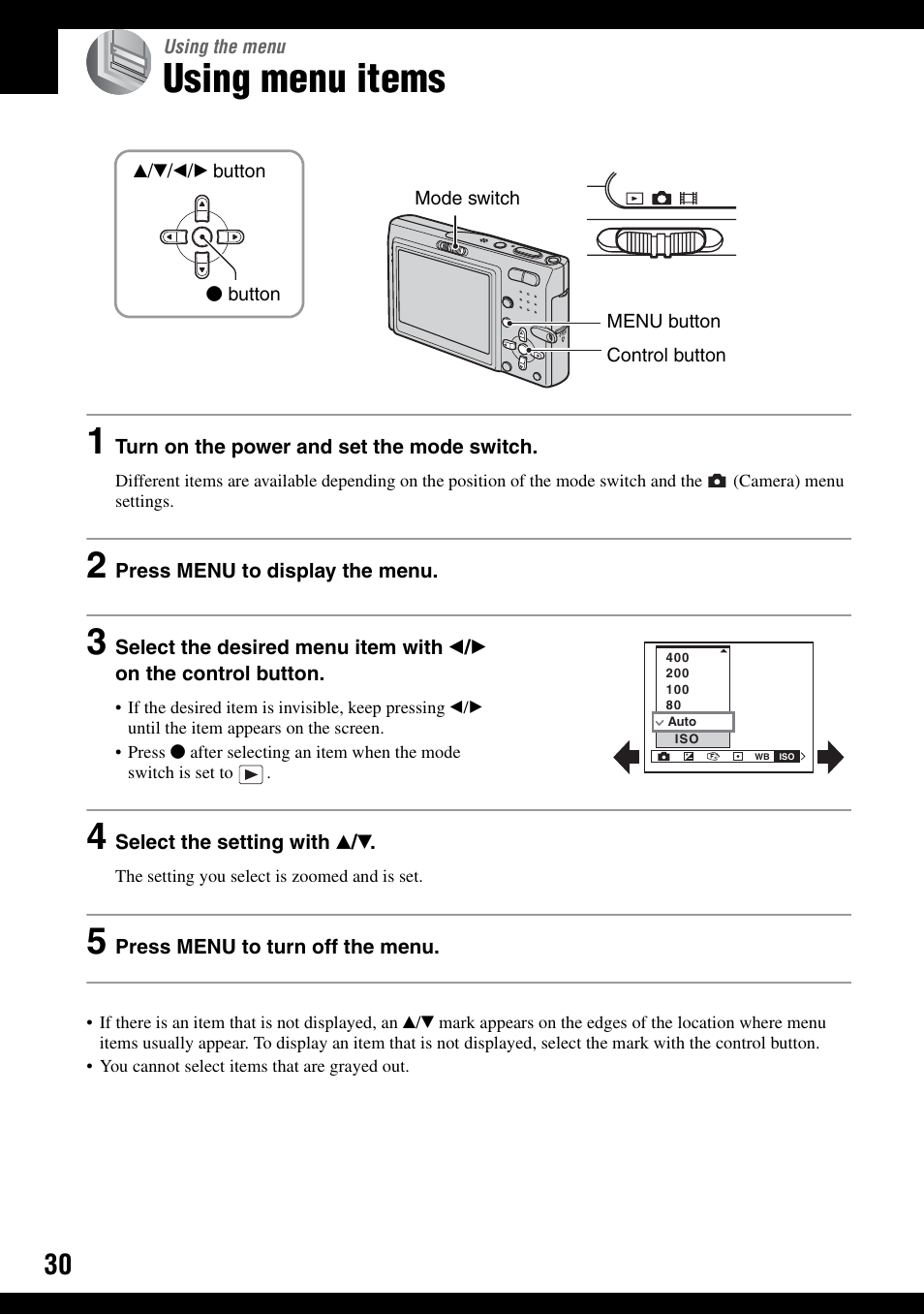 Using the menu, Using menu items | Sony DSC-T9 User Manual | Page 30 / 111