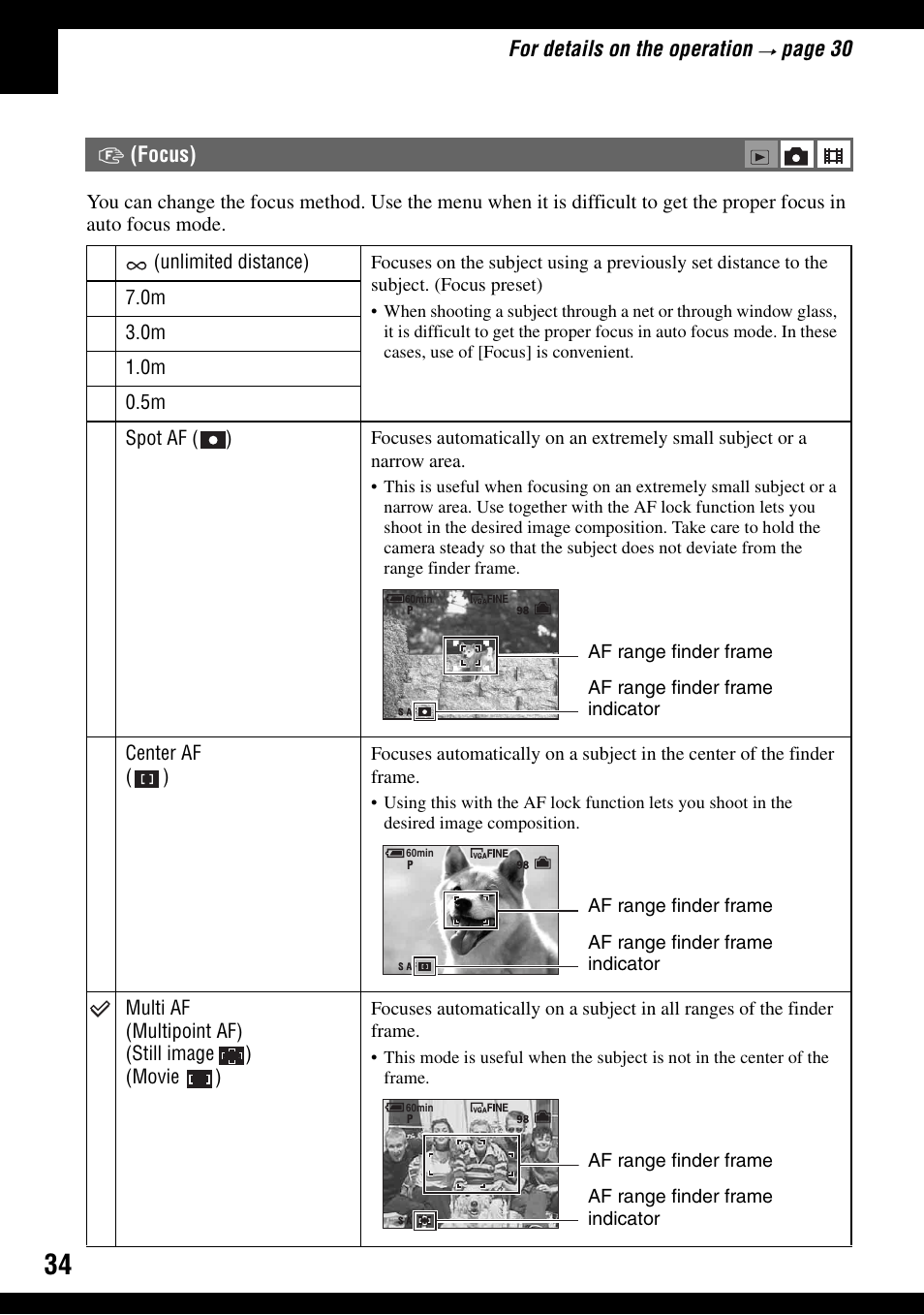 Focus), R (34), E (34) | Sony DSC-T9 User Manual | Page 34 / 111