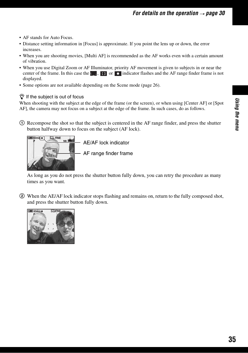 For details on the operation, Pag e 30 | Sony DSC-T9 User Manual | Page 35 / 111