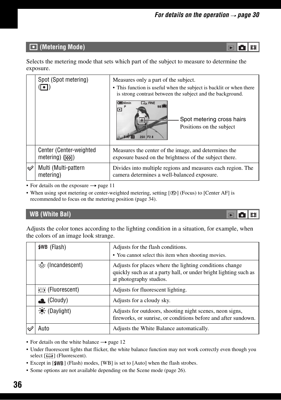 Metering mode), Wb (white bal), E (36) | Sony DSC-T9 User Manual | Page 36 / 111