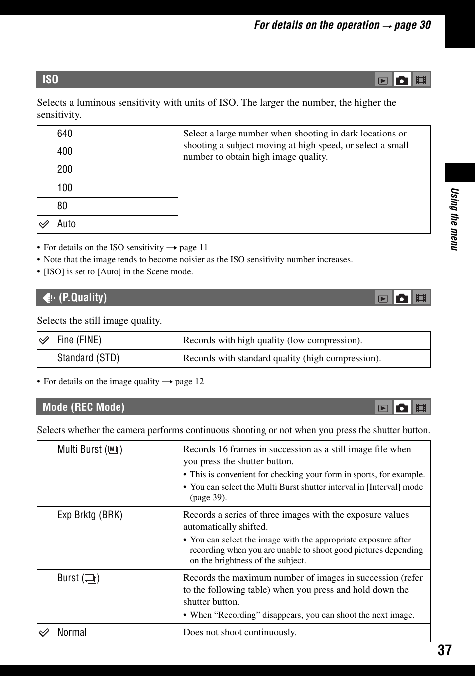 P.quality), Mode (rec mode), Vity | Y (37) | Sony DSC-T9 User Manual | Page 37 / 111