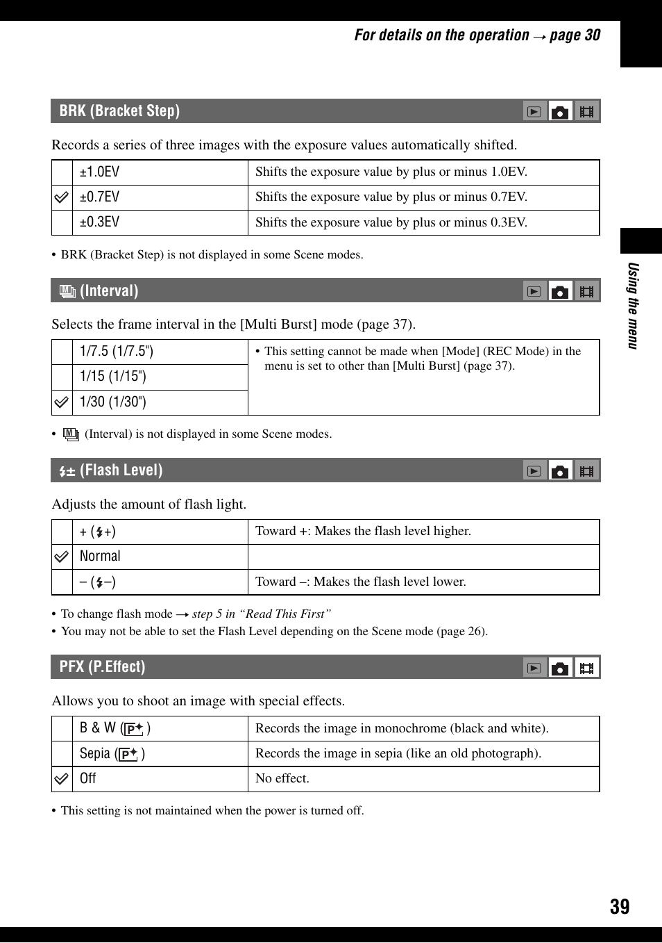 Brk (bracket step), Interval) (flash level), Pfx (p.effect) | Al (39) | Sony DSC-T9 User Manual | Page 39 / 111