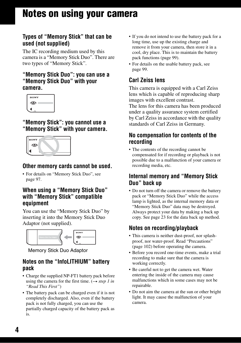 Notes on using your camera | Sony DSC-T9 User Manual | Page 4 / 111