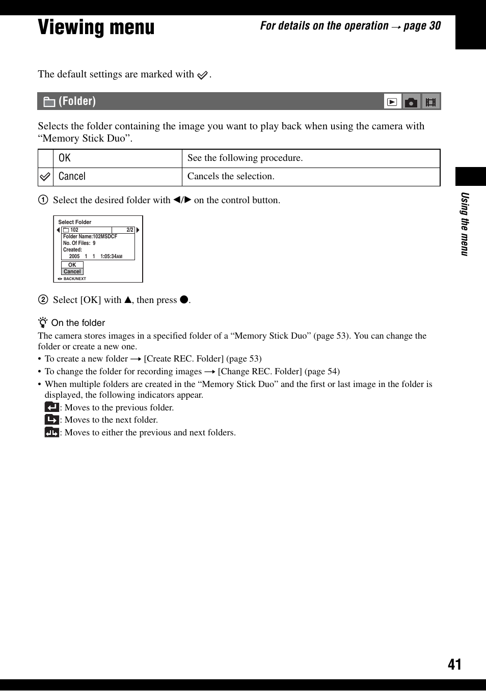 Viewing menu, Folder), For details on the operation | Pag e 30 | Sony DSC-T9 User Manual | Page 41 / 111