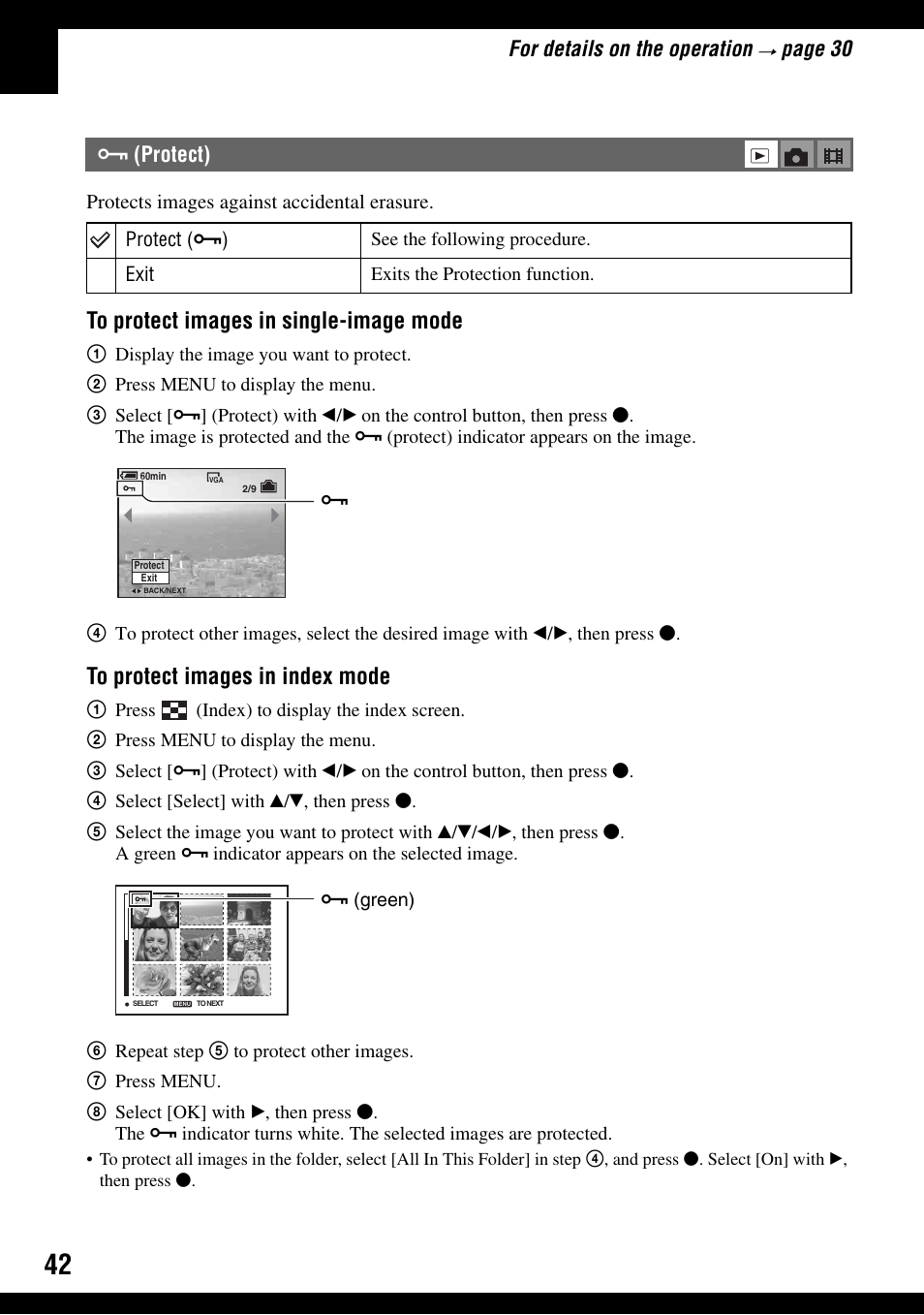 Protect), For details on the operation, Page 30 | Sony DSC-T9 User Manual | Page 42 / 111