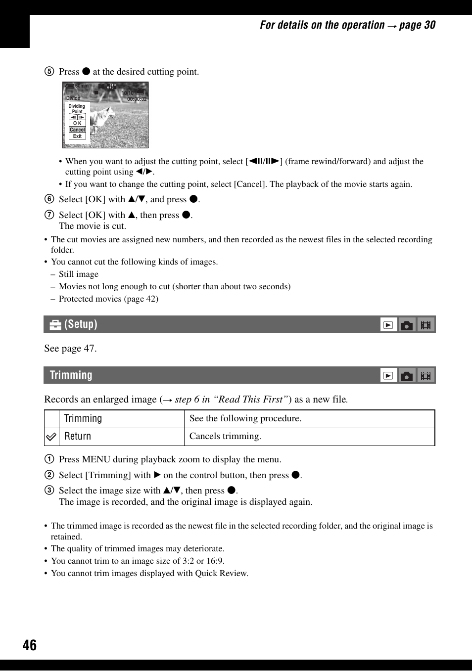 Trimming, For details on the operation, Page 30 | Setup) trimming | Sony DSC-T9 User Manual | Page 46 / 111