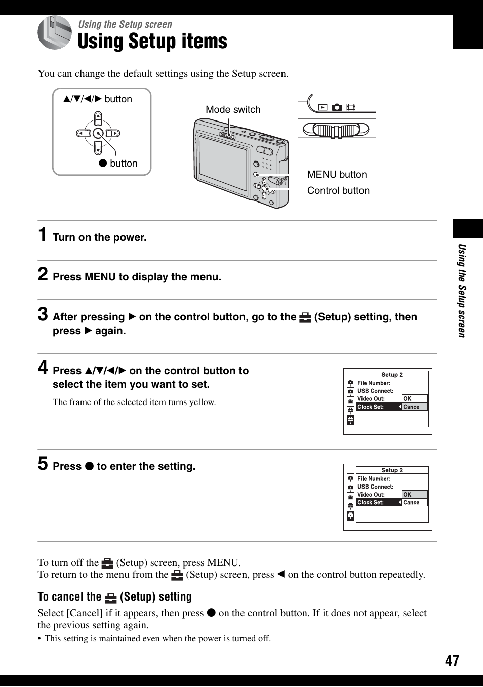 Using the setup screen, Using setup items | Sony DSC-T9 User Manual | Page 47 / 111