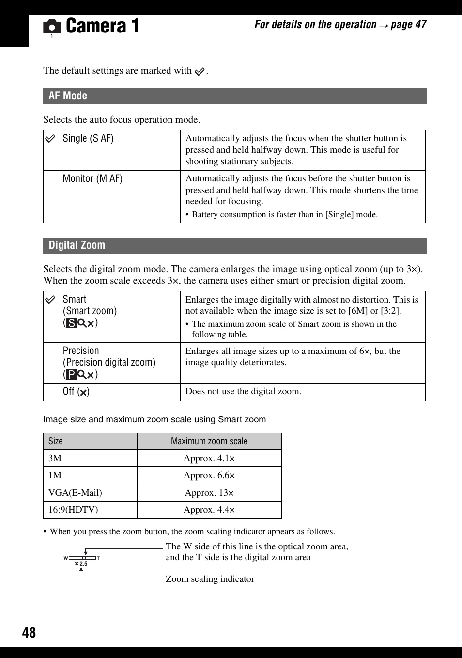 Camera 1, Af mode digital zoom | Sony DSC-T9 User Manual | Page 48 / 111