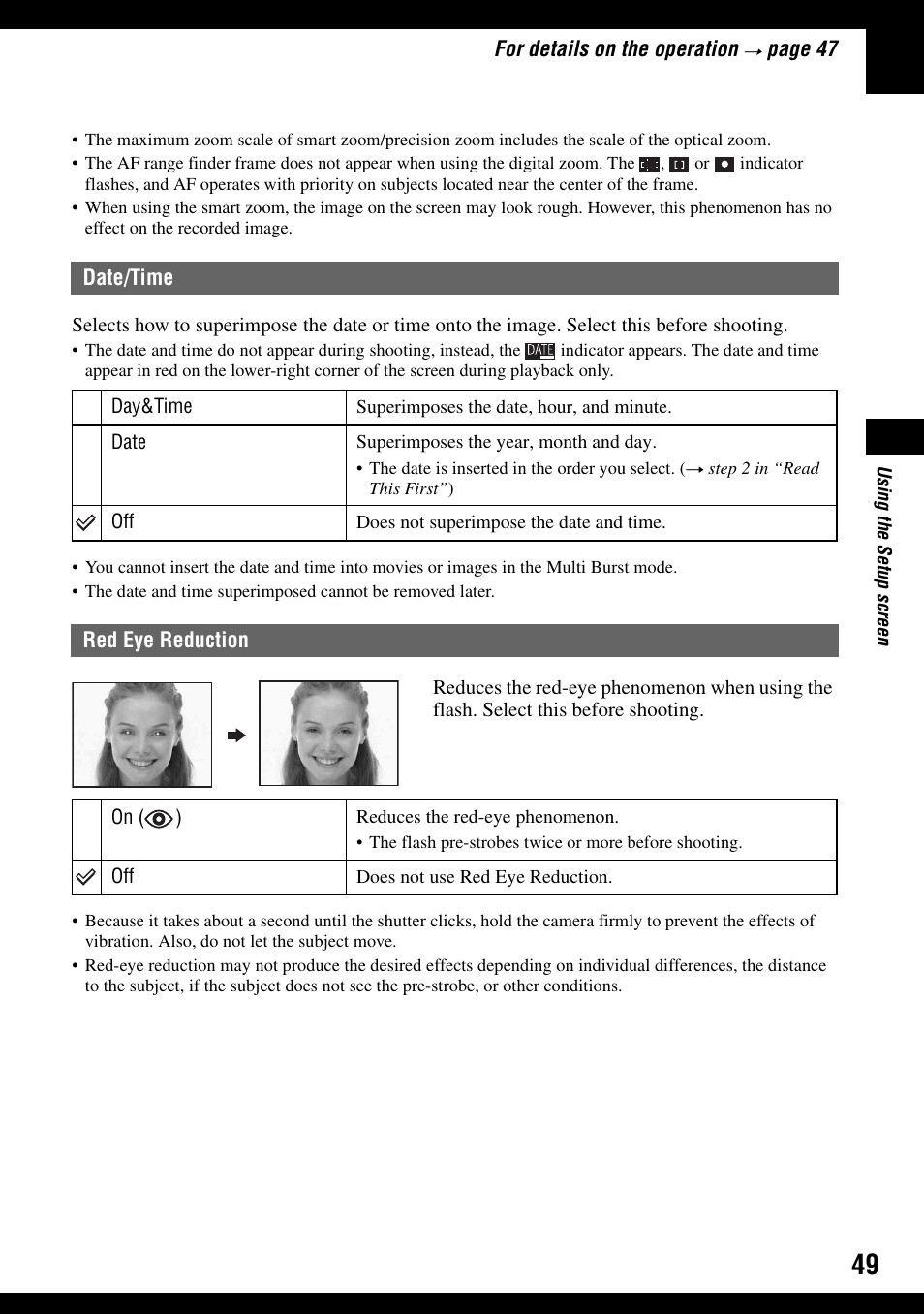 Date/time red eye reduction, N (49), E (49) | Sony DSC-T9 User Manual | Page 49 / 111