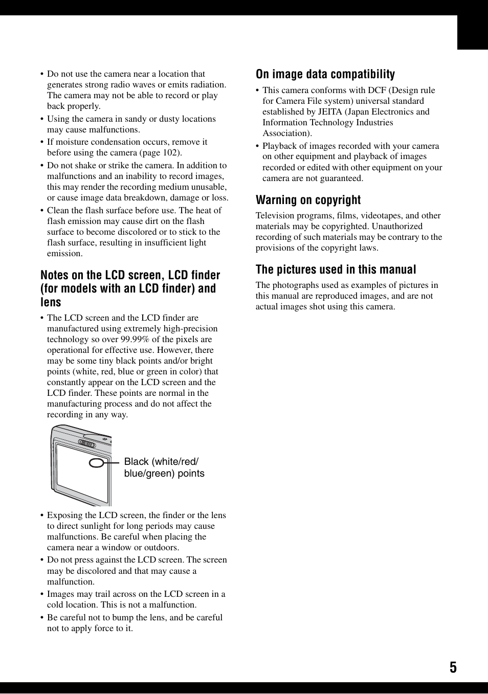 On image data compatibility, Warning on copyright, The pictures used in this manual | Sony DSC-T9 User Manual | Page 5 / 111