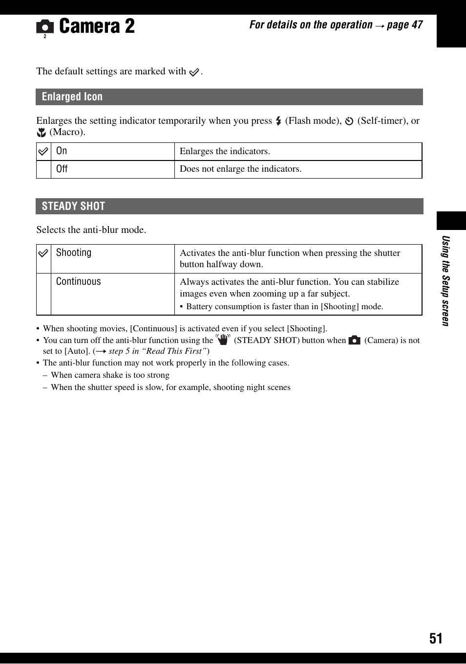 Camera 2, Enlarged icon steady shot | Sony DSC-T9 User Manual | Page 51 / 111