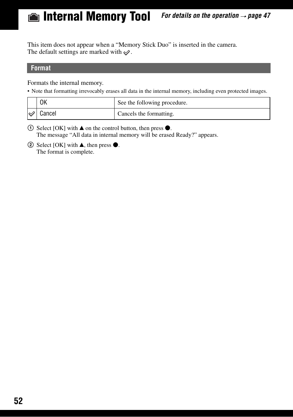 Internal memory tool, Format | Sony DSC-T9 User Manual | Page 52 / 111