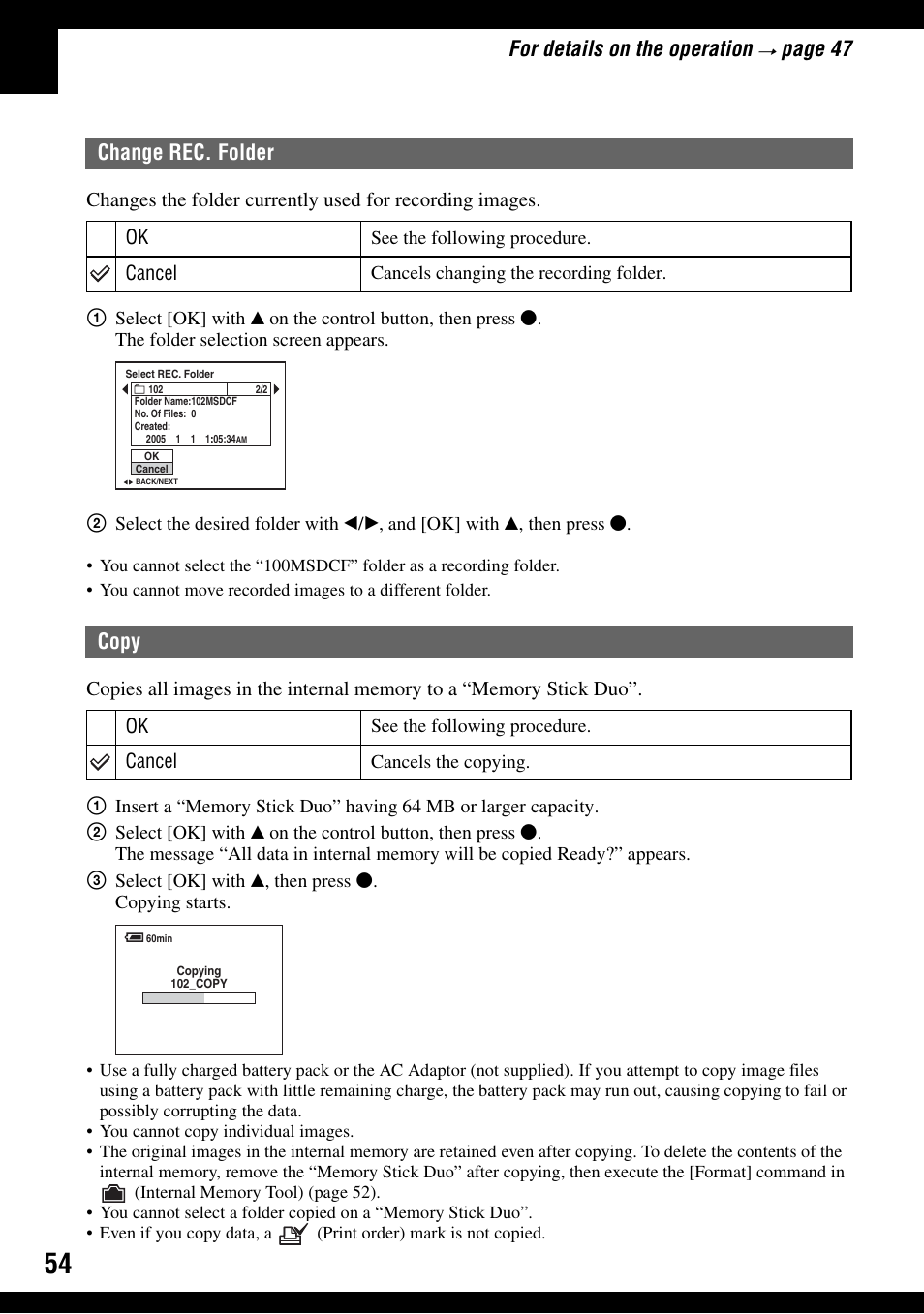 Change rec. folder copy, For details on the operation, Page 47 | Change rec. folder, Copy | Sony DSC-T9 User Manual | Page 54 / 111