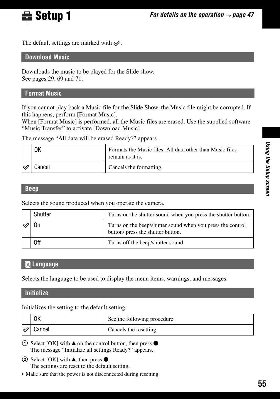 Setup 1, Download music format music beep, Language | Initialize | Sony DSC-T9 User Manual | Page 55 / 111