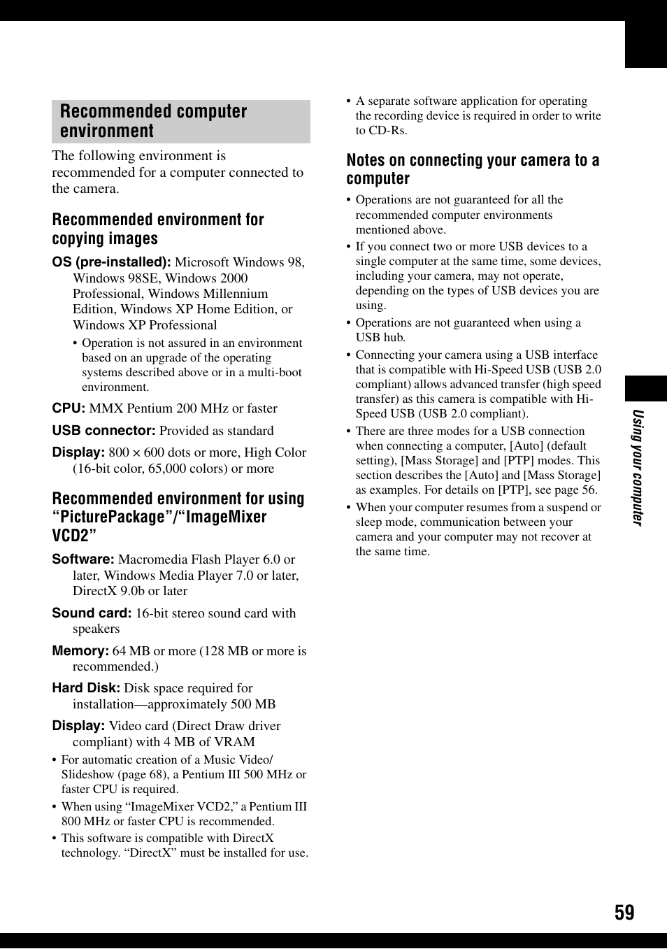 Recommended computer environment, Recommended environment for copying images | Sony DSC-T9 User Manual | Page 59 / 111