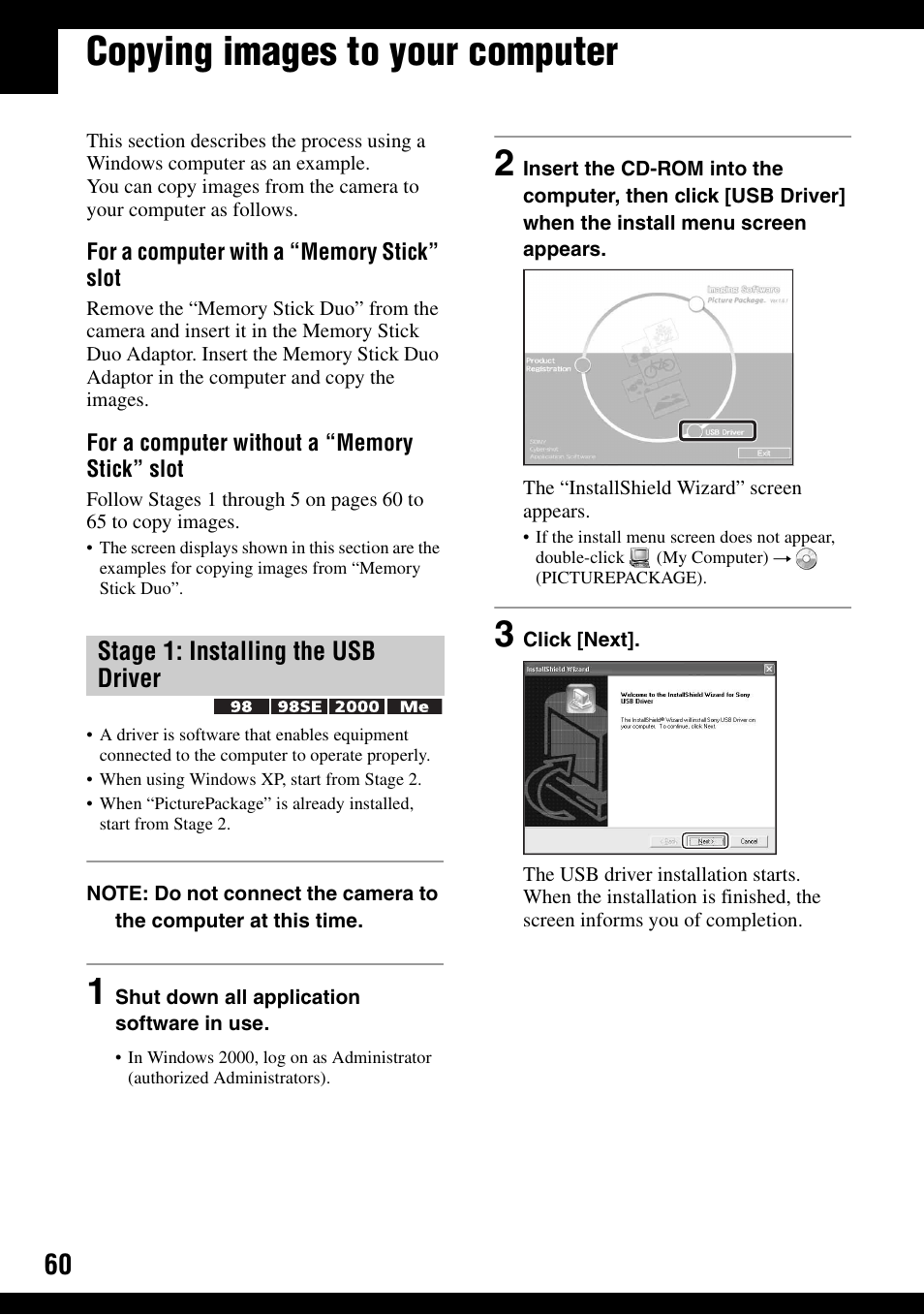 Copying images to your computer, Stage 1: installing the usb driver | Sony DSC-T9 User Manual | Page 60 / 111