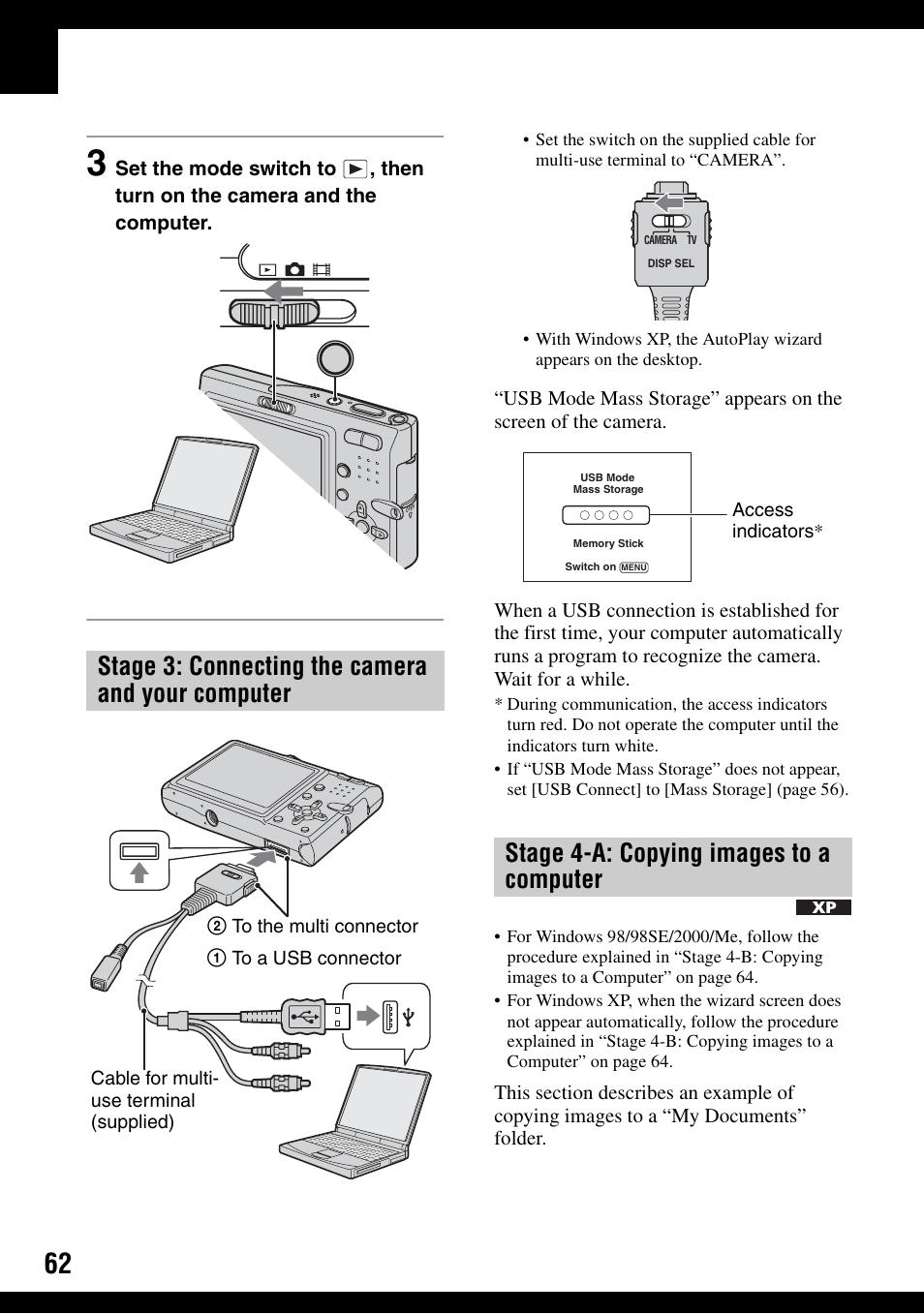 Stage 3: connecting the camera and your computer, Stage 4-a: copying images to a computer | Sony DSC-T9 User Manual | Page 62 / 111