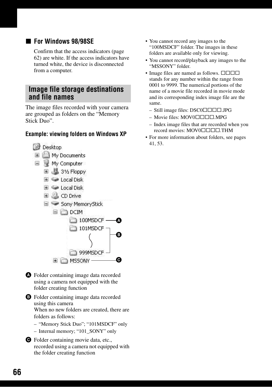 Image file storage destinations and file names | Sony DSC-T9 User Manual | Page 66 / 111