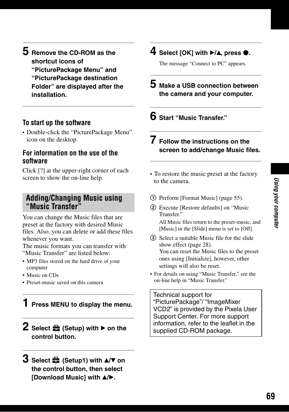 69 and 71, Adding/changing music using “music transfer | Sony DSC-T9 User Manual | Page 69 / 111