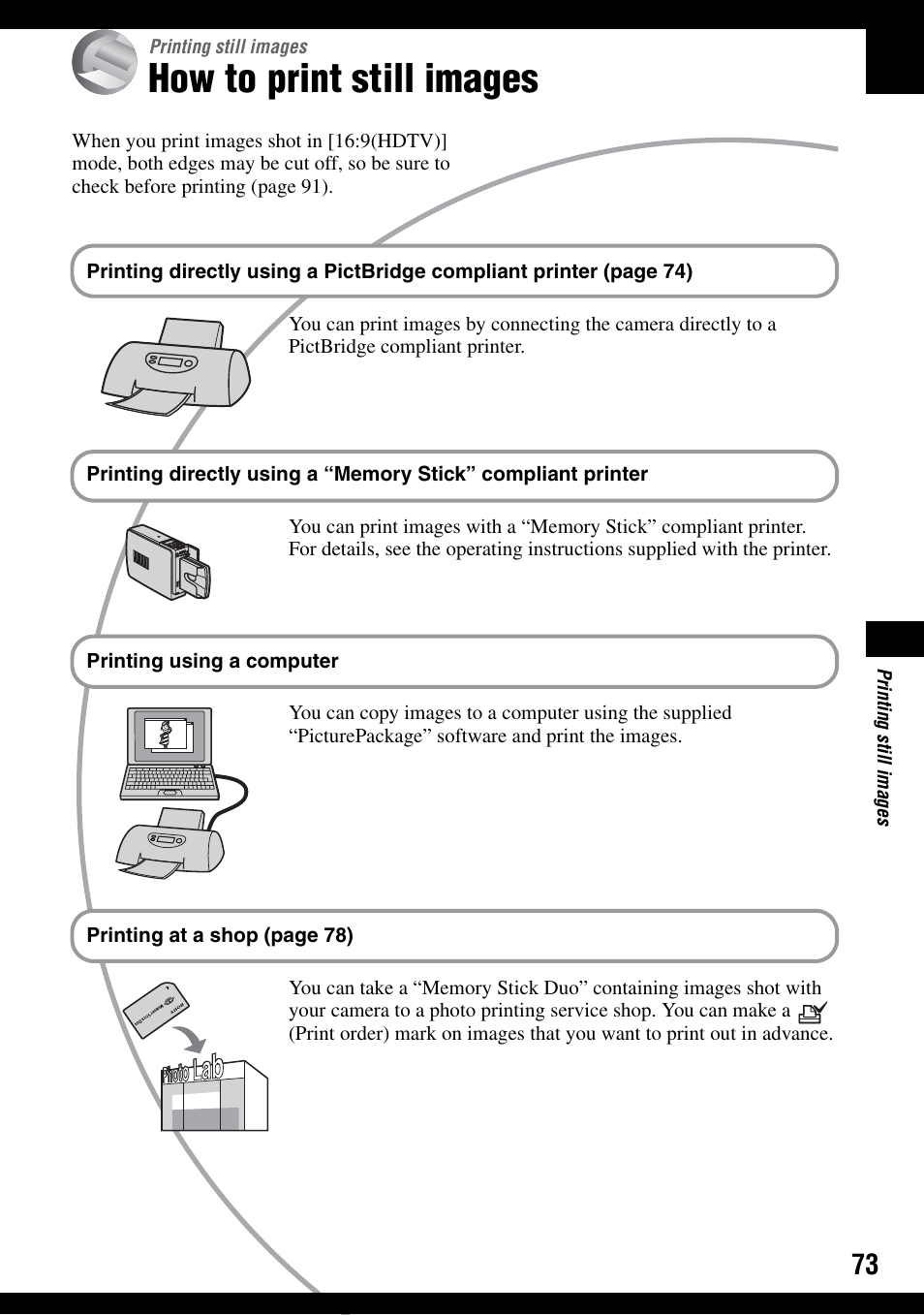 Printing still images, How to print still images | Sony DSC-T9 User Manual | Page 73 / 111