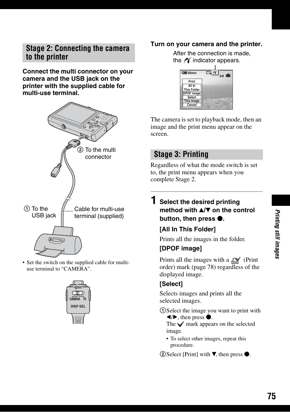 Stage 2: connecting the camera to the printer, Stage 3: printing | Sony DSC-T9 User Manual | Page 75 / 111