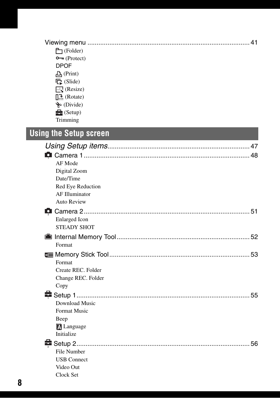 Using the setup screen, Using setup items | Sony DSC-T9 User Manual | Page 8 / 111