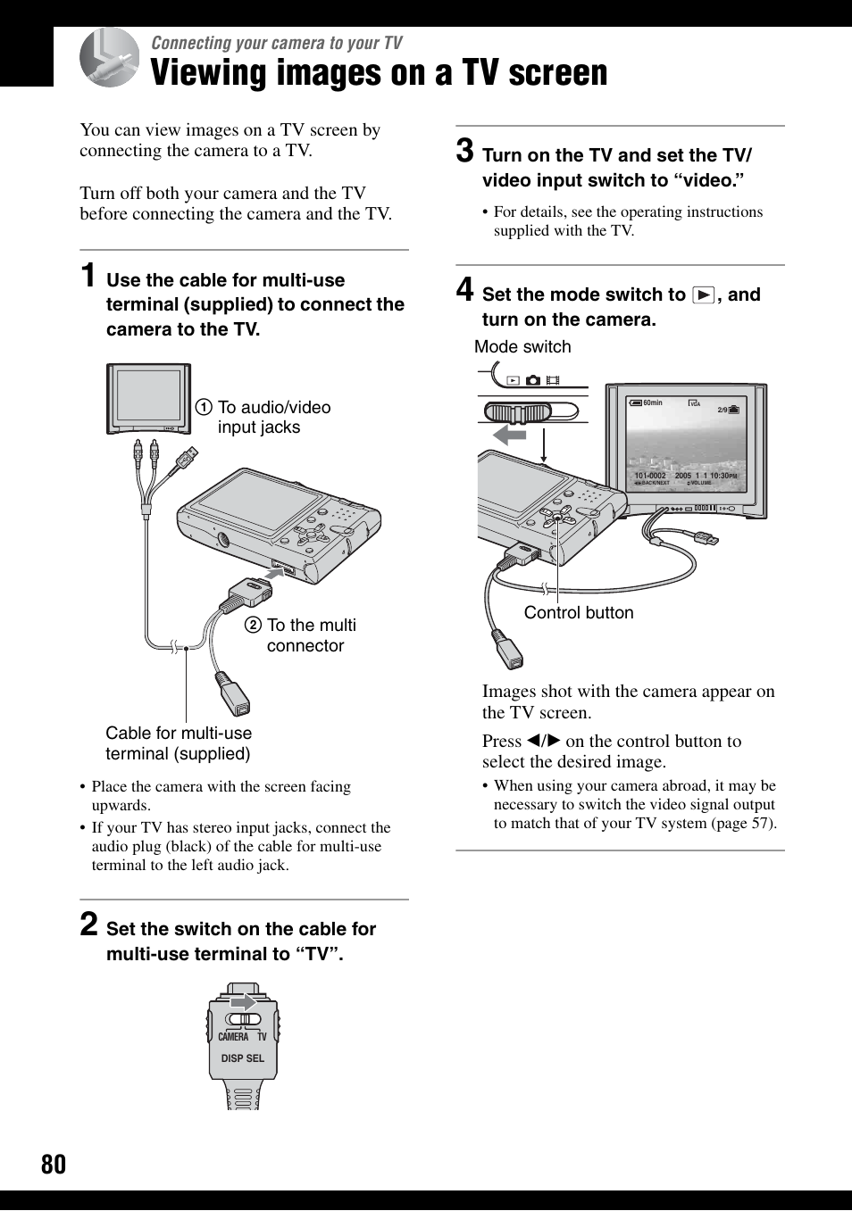 Connecting your camera to your tv, Viewing images on a tv screen | Sony DSC-T9 User Manual | Page 80 / 111