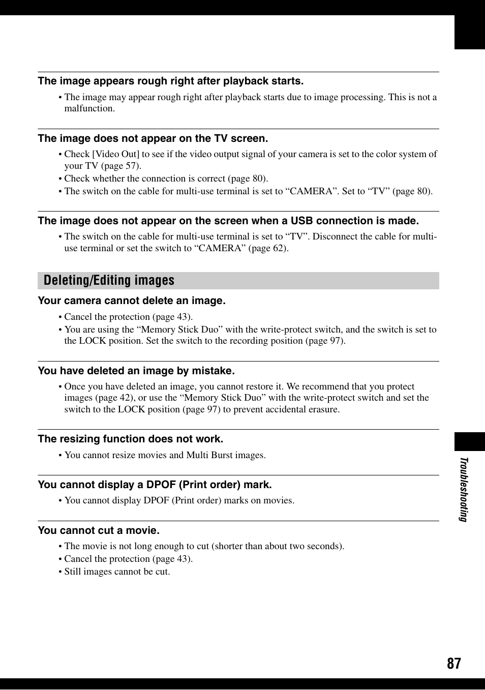 Deleting/editing images | Sony DSC-T9 User Manual | Page 87 / 111