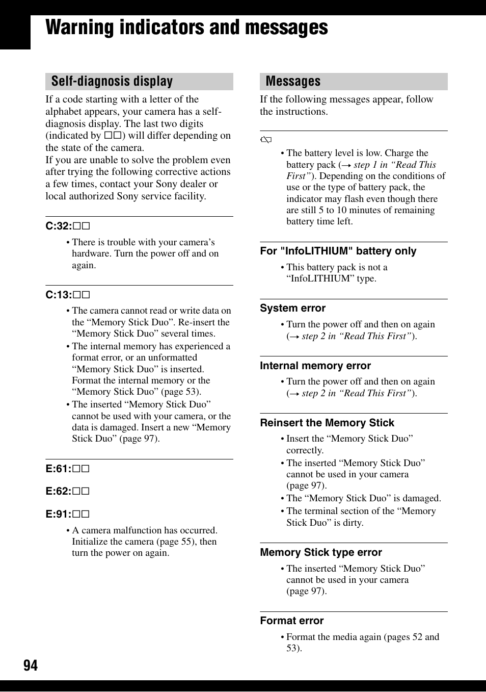 Warning indicators and messages, Self-diagnosis display messages | Sony DSC-T9 User Manual | Page 94 / 111