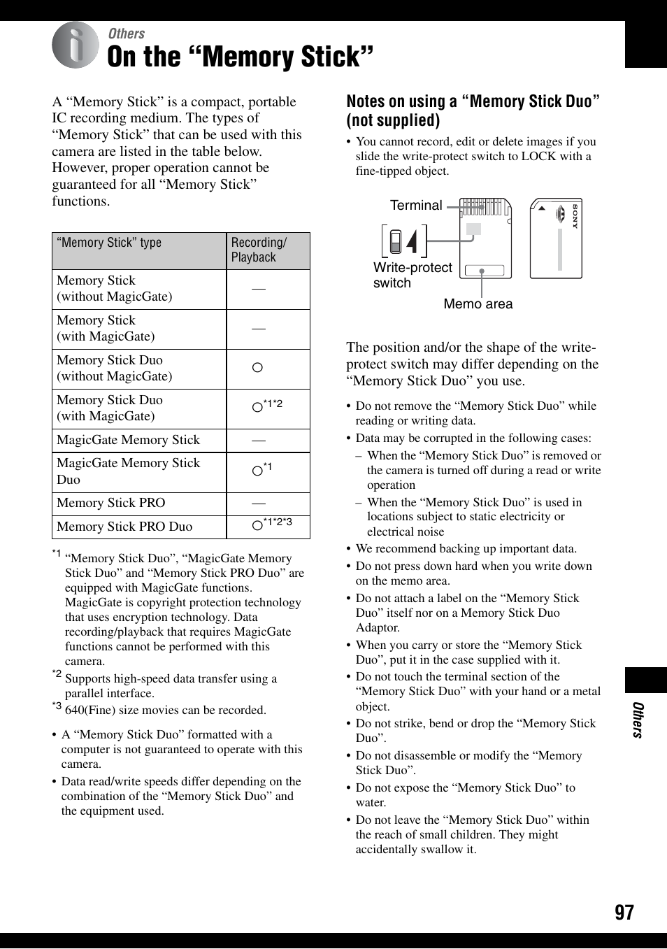 Others, On the “memory stick, O”, see | Sony DSC-T9 User Manual | Page 97 / 111