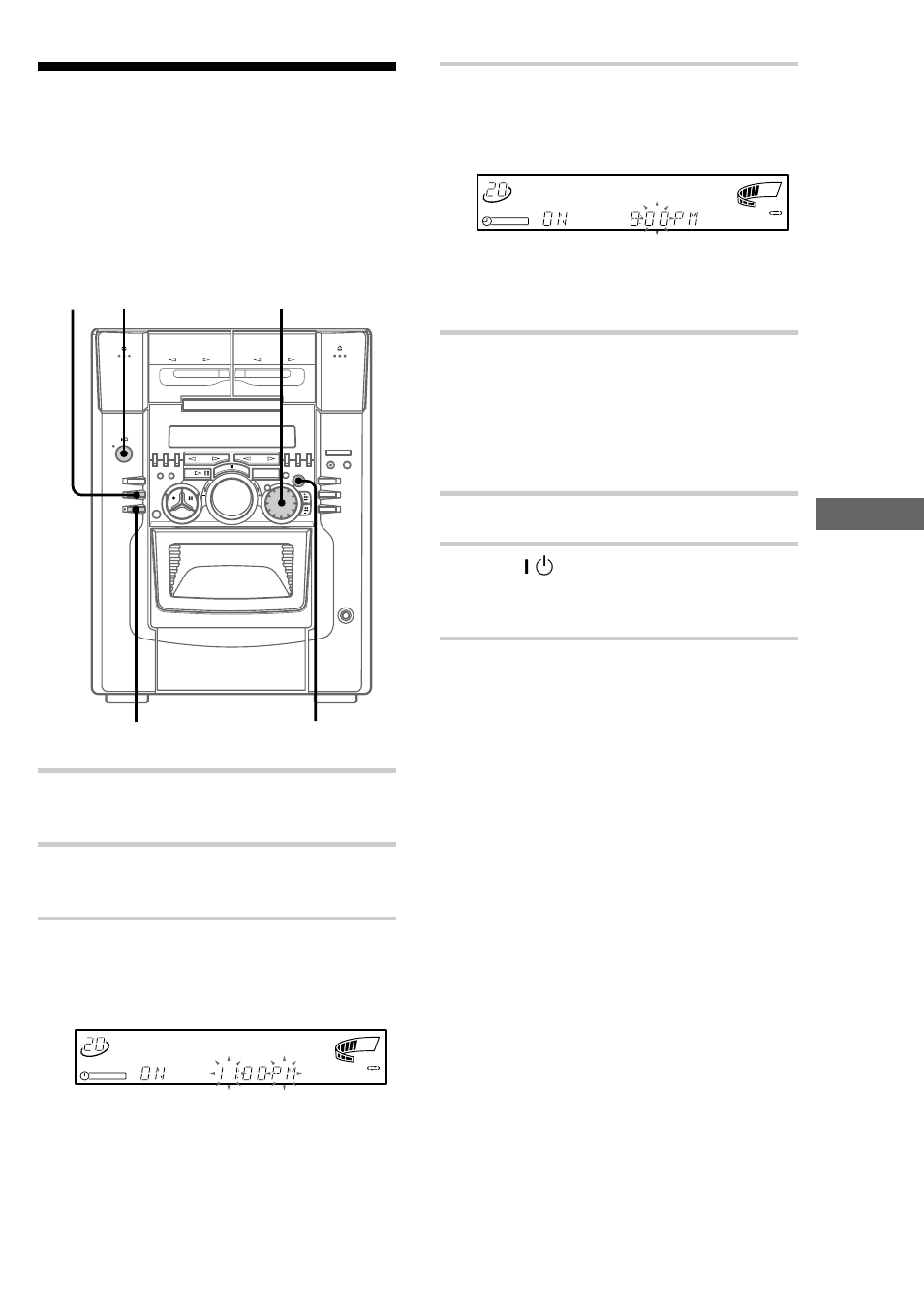Timer-recording radio programs, Other features, Press clock timer set | Turn selector to select “rec,” then press enter, Set the time to start recording, Insert a recordable tape, Press ?/1 to turn off the power, Set (daily 1)” appears, Timer select | Sony MHC-M100 User Manual | Page 43 / 56