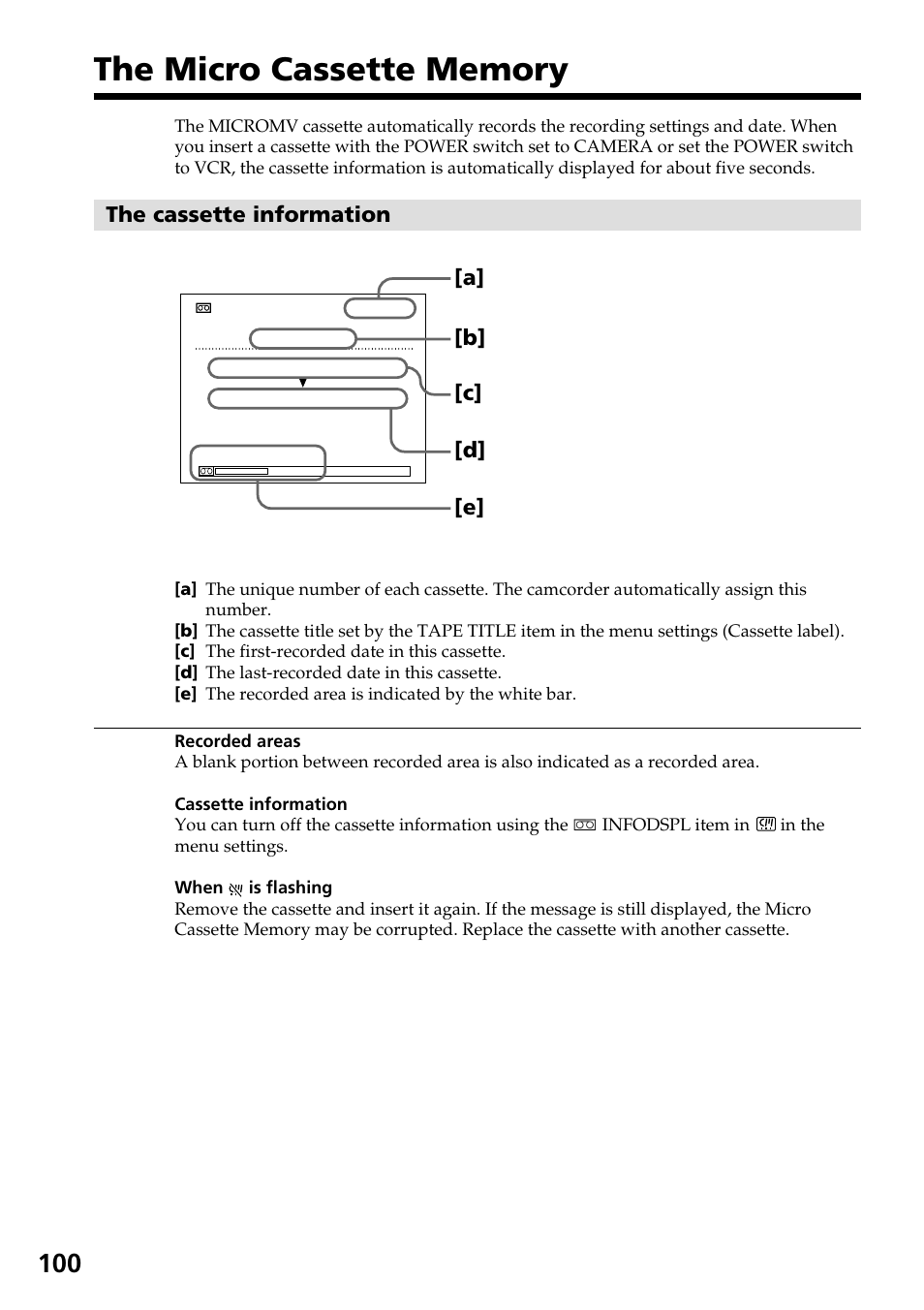 The cassette information, A] [b] [c] [d] [e | Sony DCR-IP55 User Manual | Page 100 / 216
