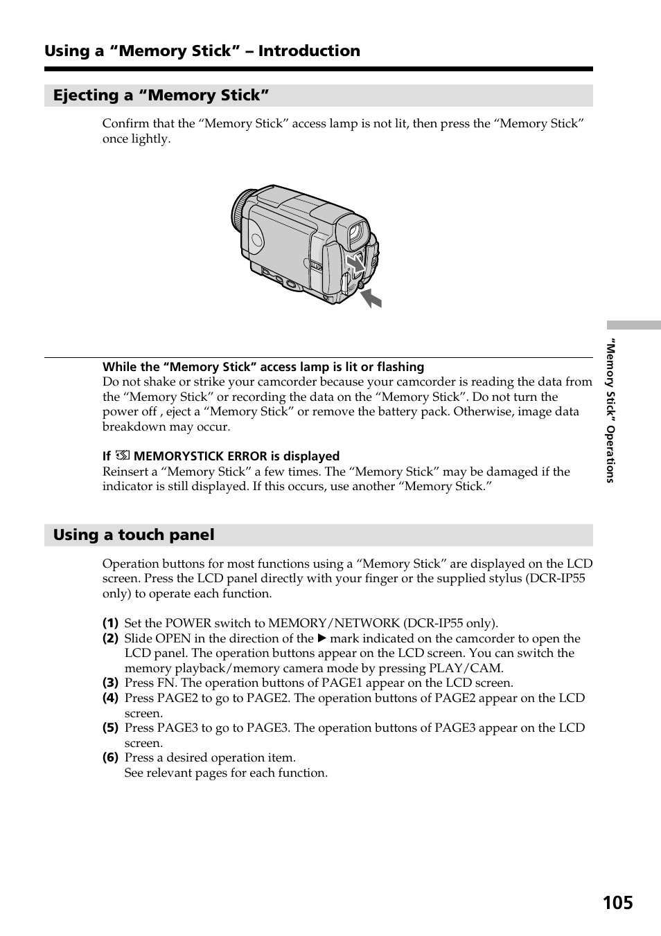 Using a touch panel | Sony DCR-IP55 User Manual | Page 105 / 216