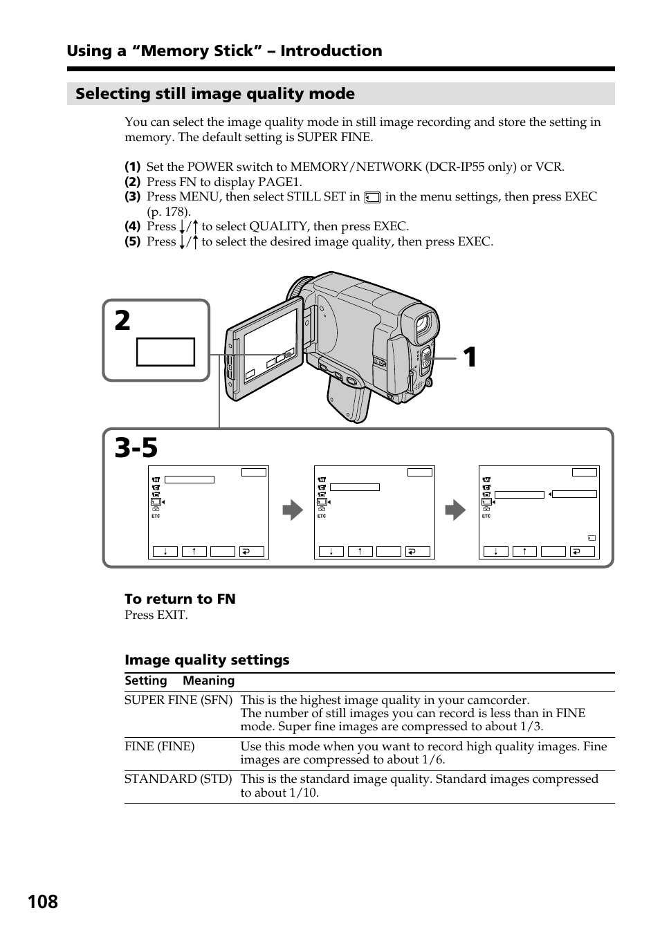 Selecting still image quality mode | Sony DCR-IP55 User Manual | Page 108 / 216