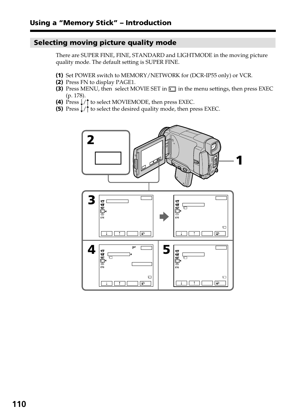 Selecting moving picture quality mode | Sony DCR-IP55 User Manual | Page 110 / 216