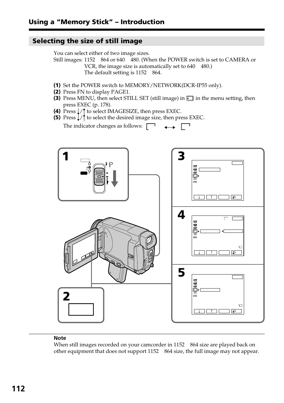 Selecting the size of still image | Sony DCR-IP55 User Manual | Page 112 / 216